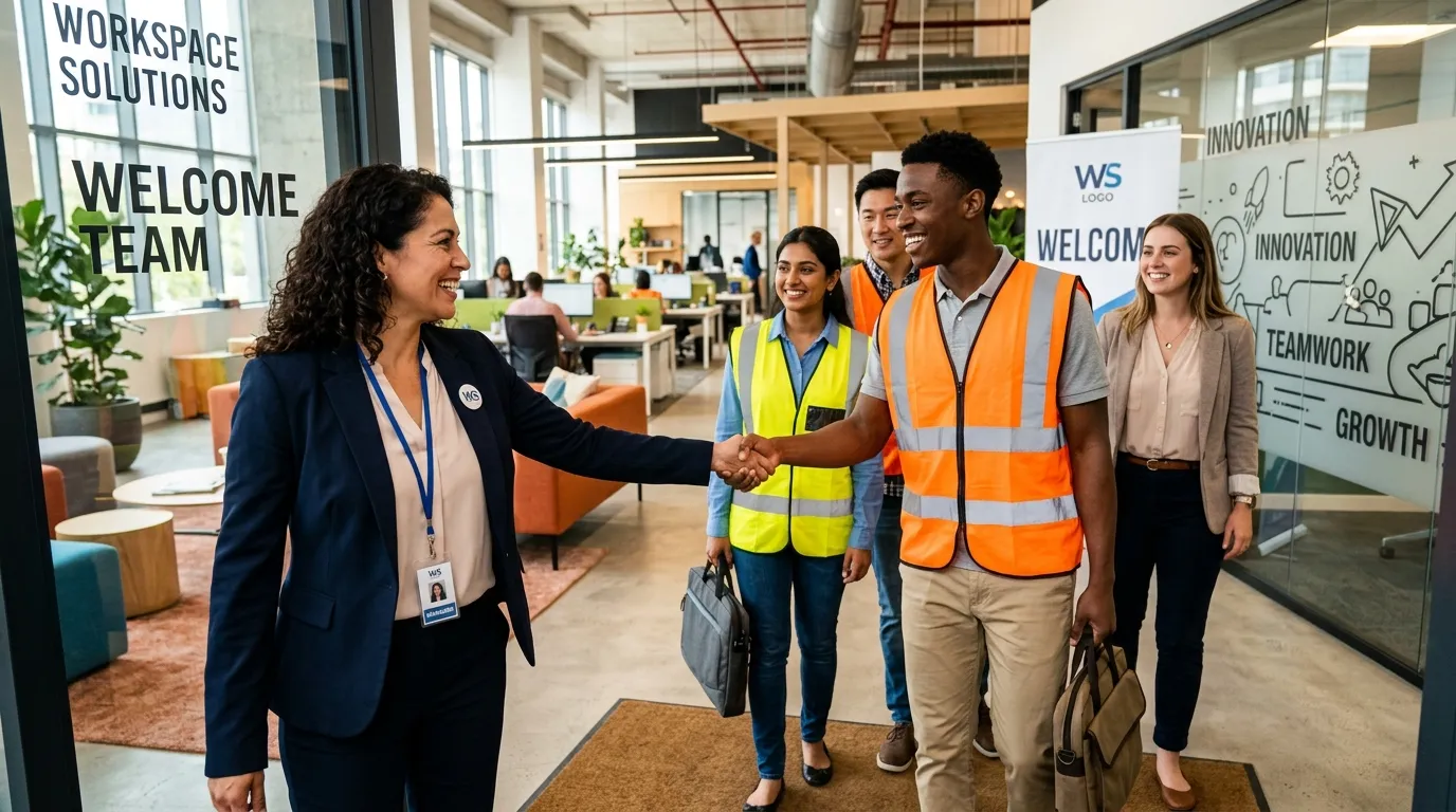 A dynamic, professional hero image showing a diverse group of temporary workers in high-vis vests an... A dynamic, professional hero image showing a diverse group of temporary workers in high-vis vests and office attire being welcomed into a modern workplace by a smiling manager. The mood is energetic, efficient, and solution-oriented.