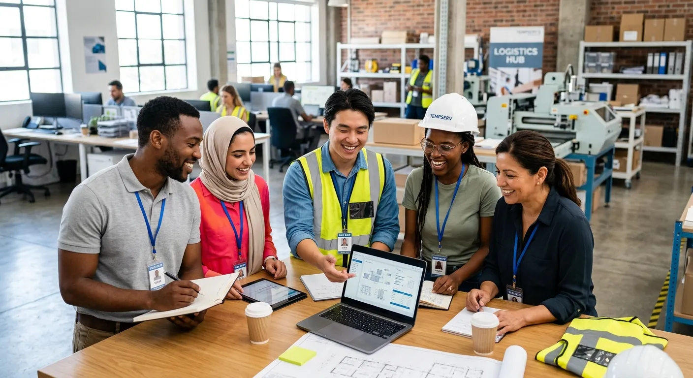 Professional, diverse group of temporary workers in a modern office or industrial setting, smiling a... Professional, diverse group of temporary workers in a modern office or industrial setting, smiling and collaborating. High-resolution, bright, and energetic mood.