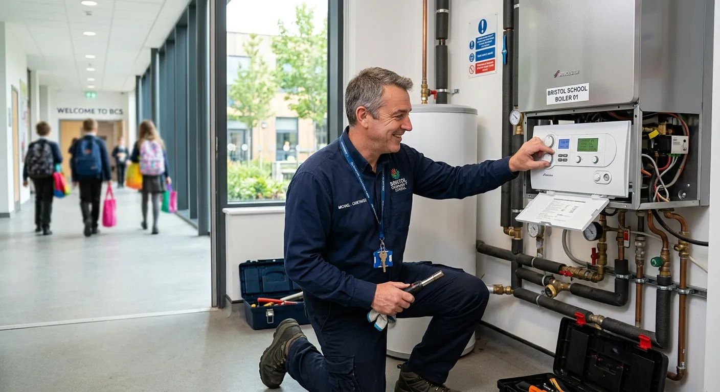 A professional, welcoming photo of a school caretaker in a clean, modern Bristol school environment,... A professional, welcoming photo of a school caretaker in a clean, modern Bristol school environment, smiling and checking a boiler or maintenance panel. The image should convey trust, capability, and a sense of community.