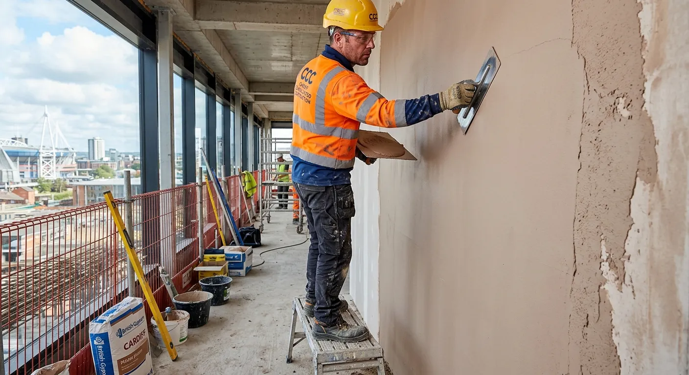 A professional plasterer in high-visibility workwear, expertly applying a smooth finish to a wall on... A professional plasterer in high-visibility workwear, expertly applying a smooth finish to a wall on a modern construction site in Cardiff, with tools like a hawk and trowel visible. The image should convey skill, precision, and active work.