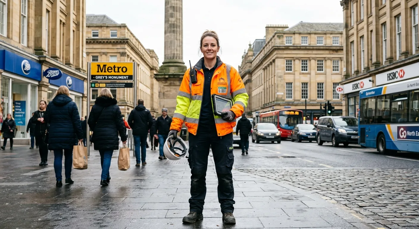 A professional, confident-looking individual in hi-visibility clothing standing in a bustling Newcastle city centre location, looking ready for action. The image should convey urgency, professionalism, and local context.