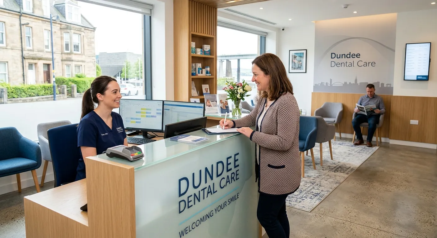 A professional, well-lit photo of a modern dental practice reception area in Dundee, with a friendly... A professional, well-lit photo of a modern dental practice reception area in Dundee, with a friendly receptionist smiling and assisting a patient. The mood is welcoming, clean, and efficient.