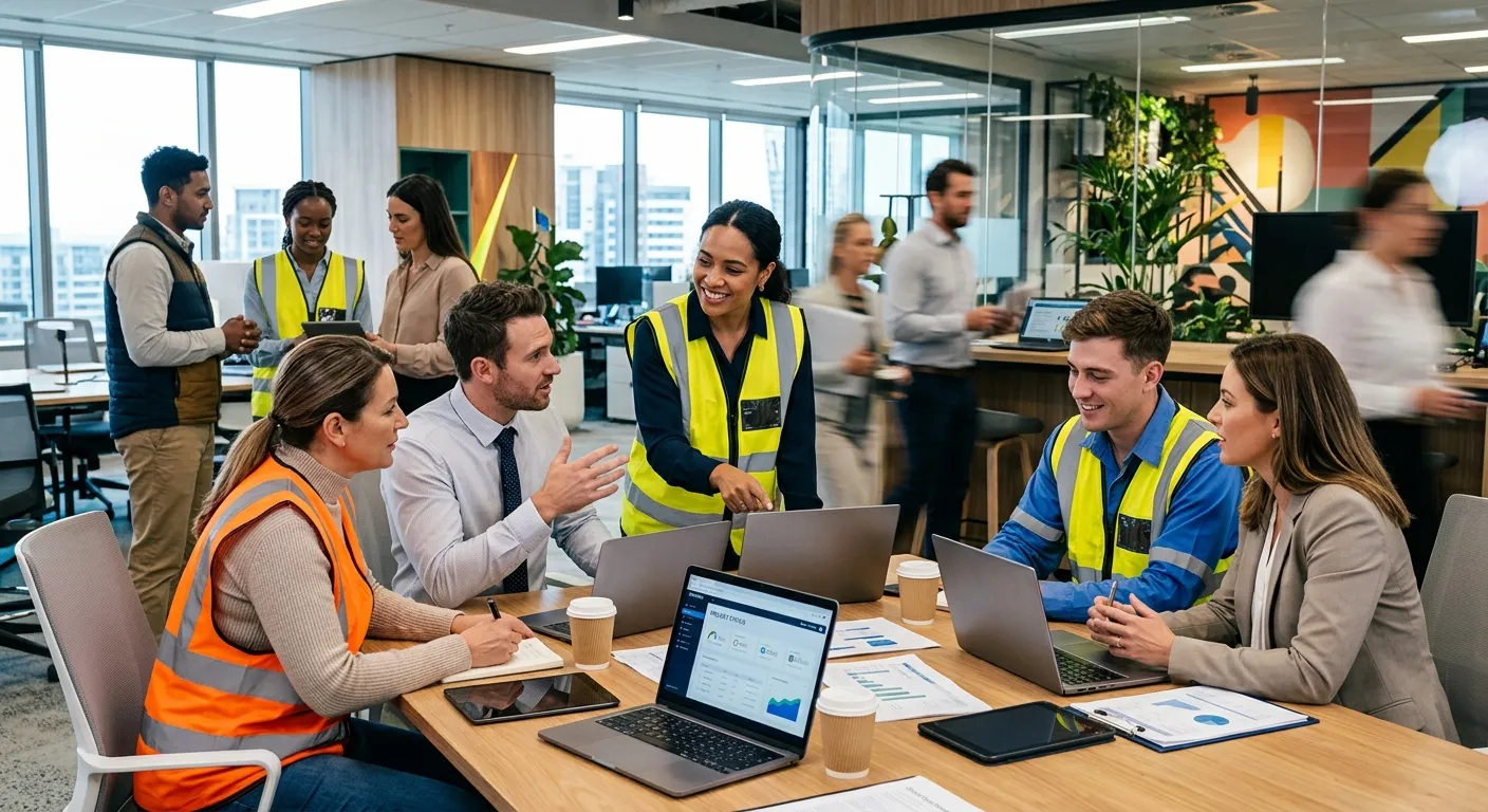 A dynamic, professional hero image showing a diverse group of temporary workers in high-visibility vests and office attire collaborating in a modern workspace, symbolising flexibility and immediate staffing solutions. Style: Professional, vibrant, action-oriented. Mood: Energetic, reliable, and solution-focused.
