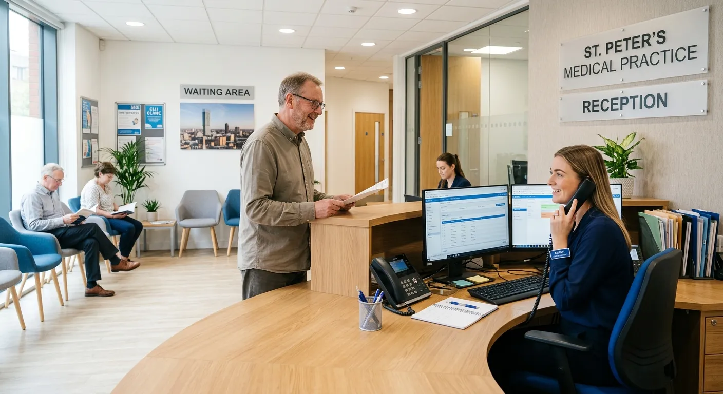 A professional, welcoming photograph of a modern medical reception area in a clinic or GP surgery in Manchester. The receptionist is smiling, interacting with a patient, with a clean, organised desk featuring a computer, phone, and files. Style is bright, friendly, and professional.