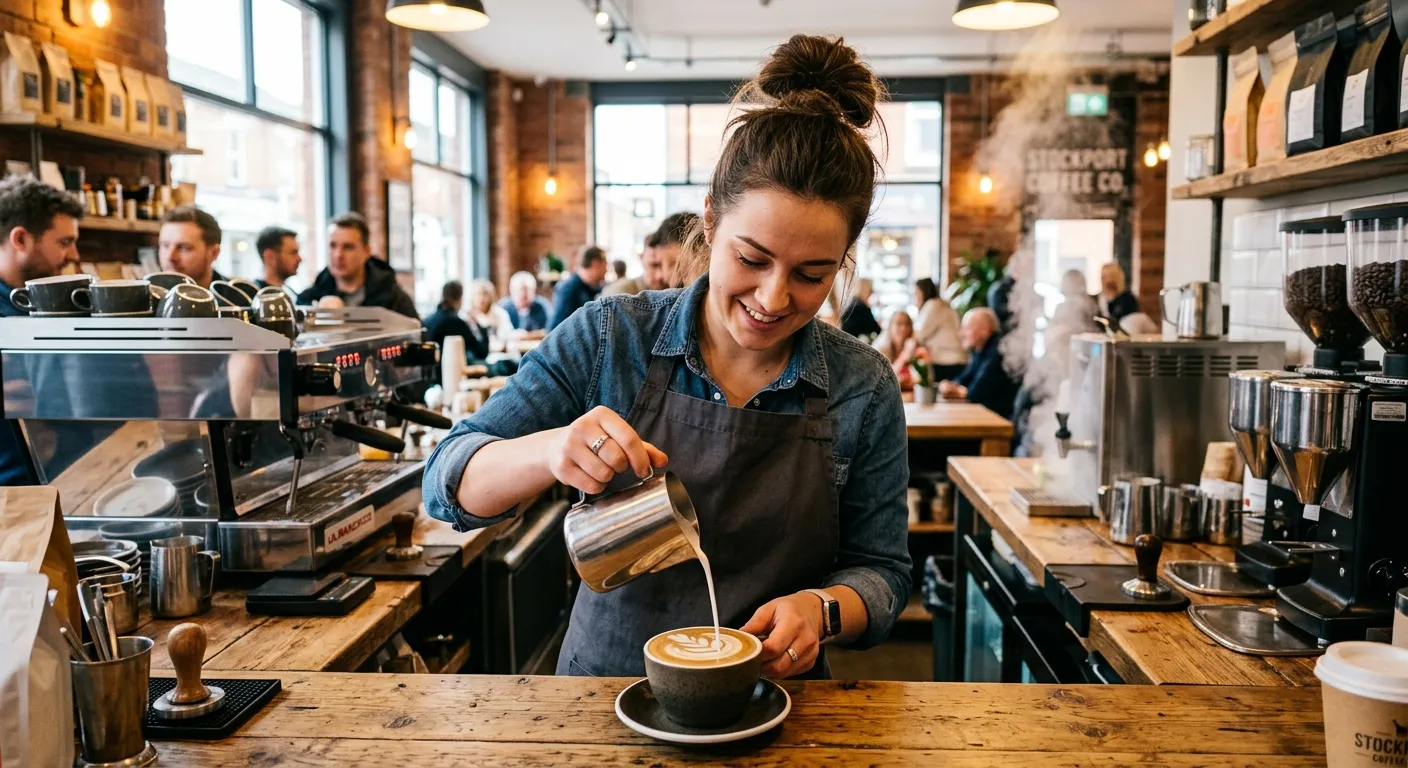 Professional, vibrant photo of a skilled Barista in a modern Stockport coffee shop, expertly craftin... Professional, vibrant photo of a skilled Barista in a modern Stockport coffee shop, expertly crafting a latte art cappuccino. The mood is energetic, welcoming, and focused on high-quality service.