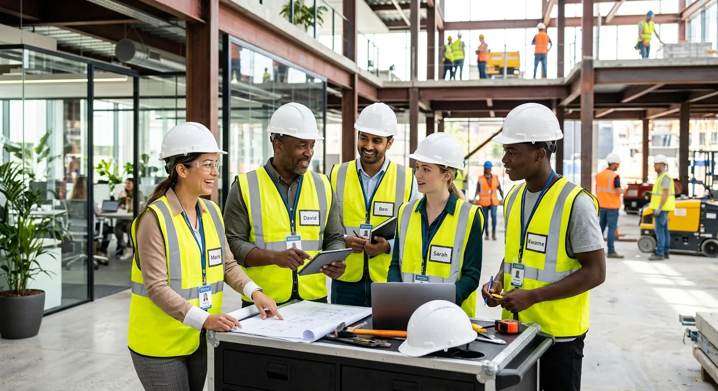 A professional, diverse group of temp workers in a modern office/construction site setting, looking... A professional, diverse group of temp workers in a modern office/construction site setting, looking engaged and capable. Style is bright, high-contrast, and inspiring, with a focus on teamwork and action.