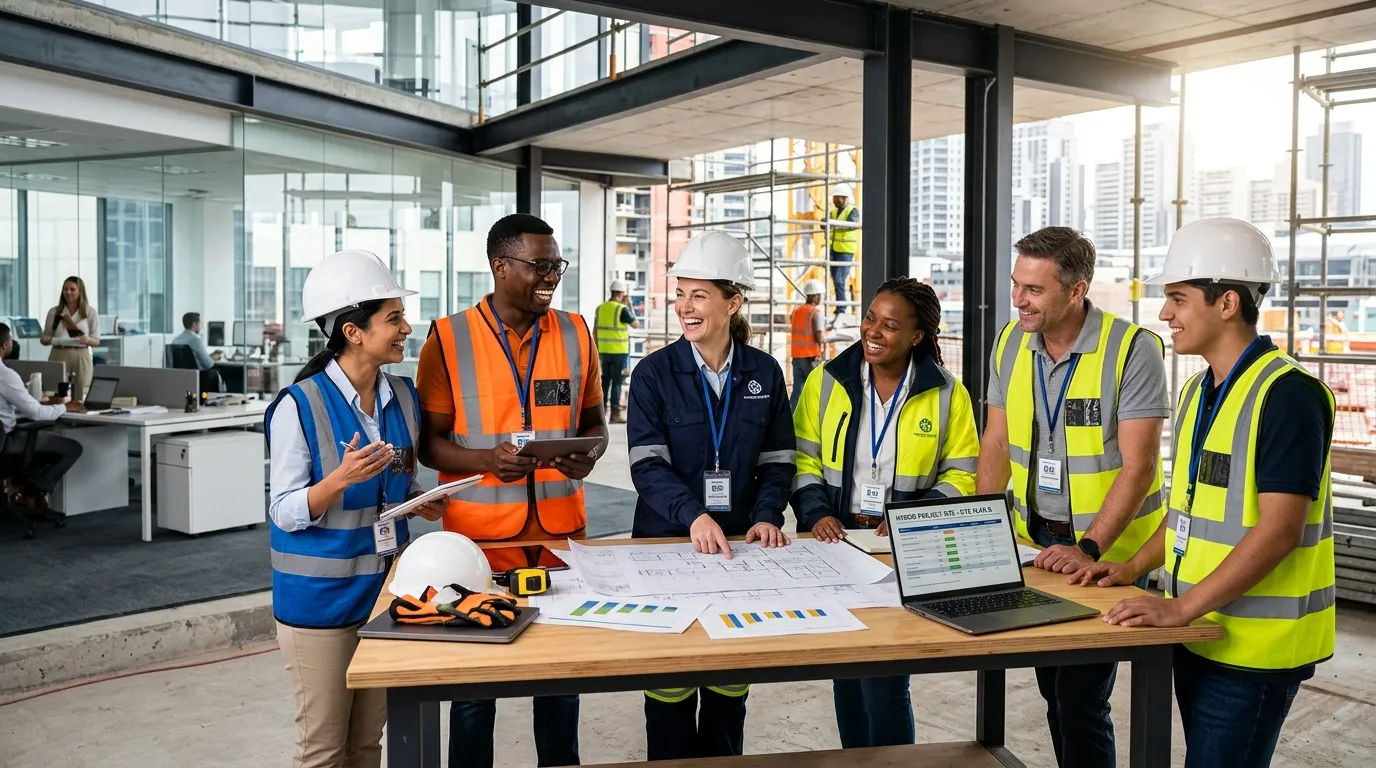Professional hero image showing a diverse team of temporary workers in a modern office/construction site hybrid environment, smiling and collaborating. Style: Bright, high-contrast, professional corporate photography. Mood: Dynamic, efficient, and forward-thinking.