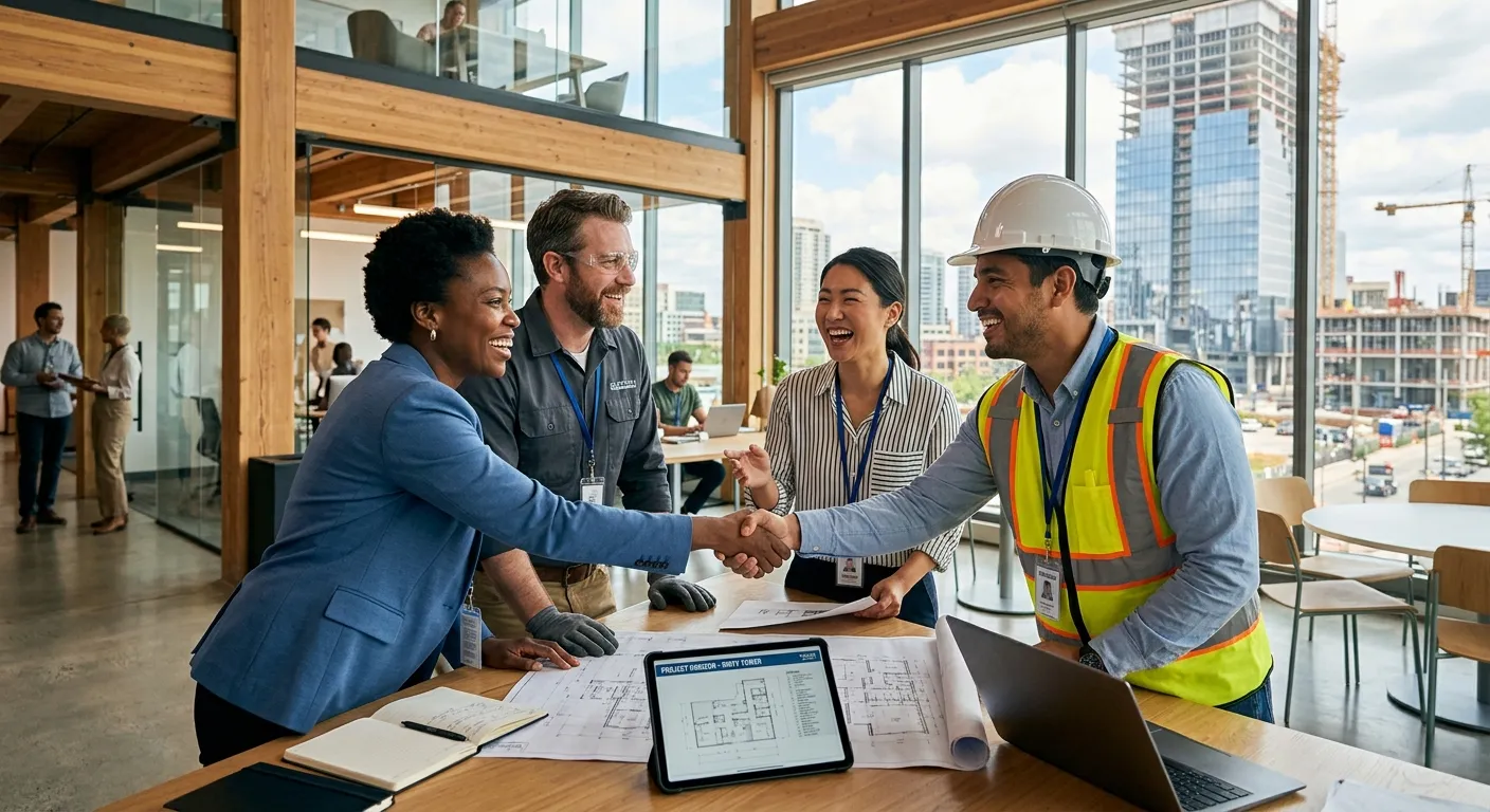 A dynamic, professional hero image showing a diverse group of happy employees in a modern office or construction site, shaking hands and collaborating. Style is bright, optimistic, and forward-looking, with a focus on teamwork and growth.
