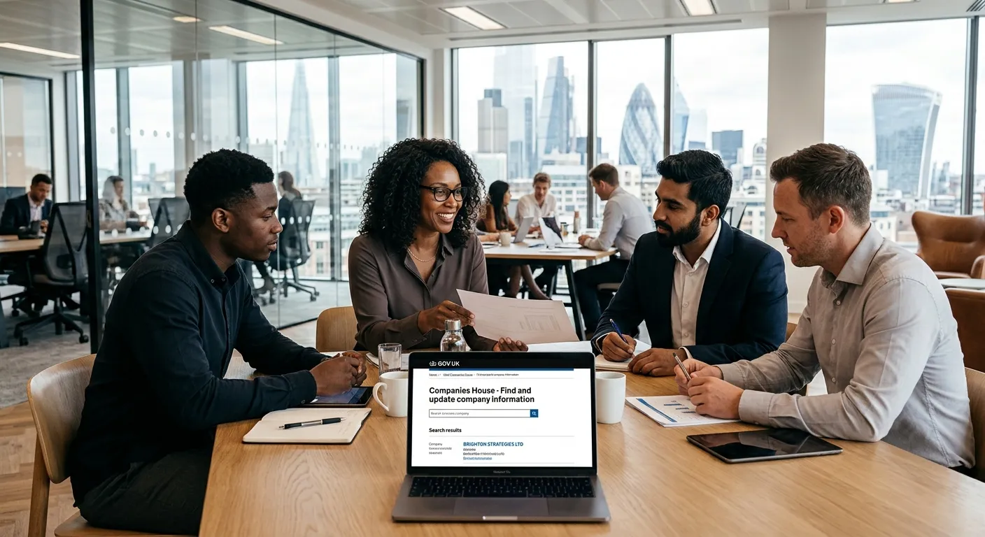 A professional, high-contrast image of a diverse team collaborating in a modern office, with a UK Companies House website or document subtly visible on a laptop screen in the foreground. Style: Corporate, optimistic, focused. Mood: Efficient, trustworthy, and strategic.