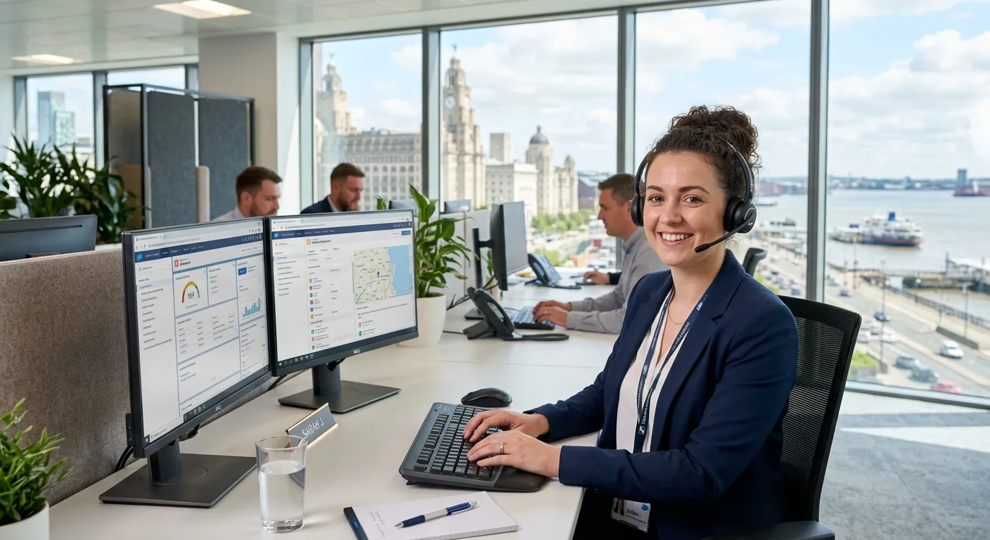 A professional and friendly Customer Service Representative on a headset, smiling and working at a modern workstation in a bright office. The background suggests a dynamic Liverpool cityscape, with a focus on approachability and professionalism.