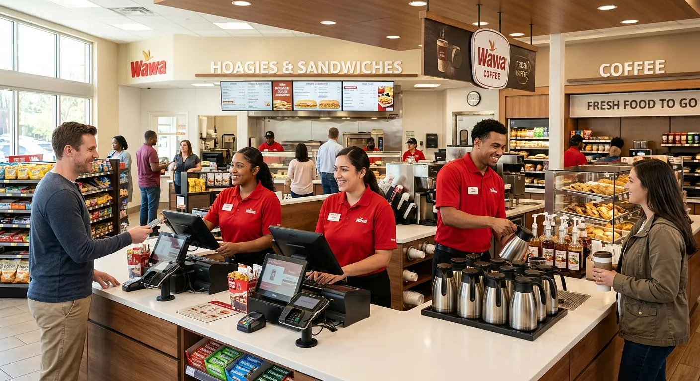 A professional, well-lit photo of a modern Wawa convenience store interior, focusing on friendly sta... A professional, well-lit photo of a modern Wawa convenience store interior, focusing on friendly staff members in uniform assisting customers at the counter and coffee station. Style: Corporate, inviting, high-resolution. Mood: Professional, welcoming, and active.