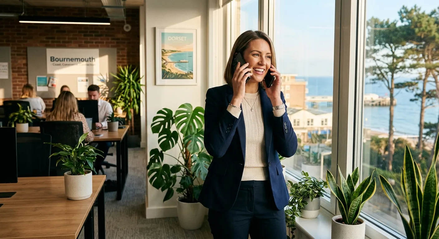 A confident, professional Sales Representative in smart casual attire, smiling and talking on a phone, standing in a modern Bournemouth office with sunlight and greenery visible through the window. Style: professional, aspirational, local.