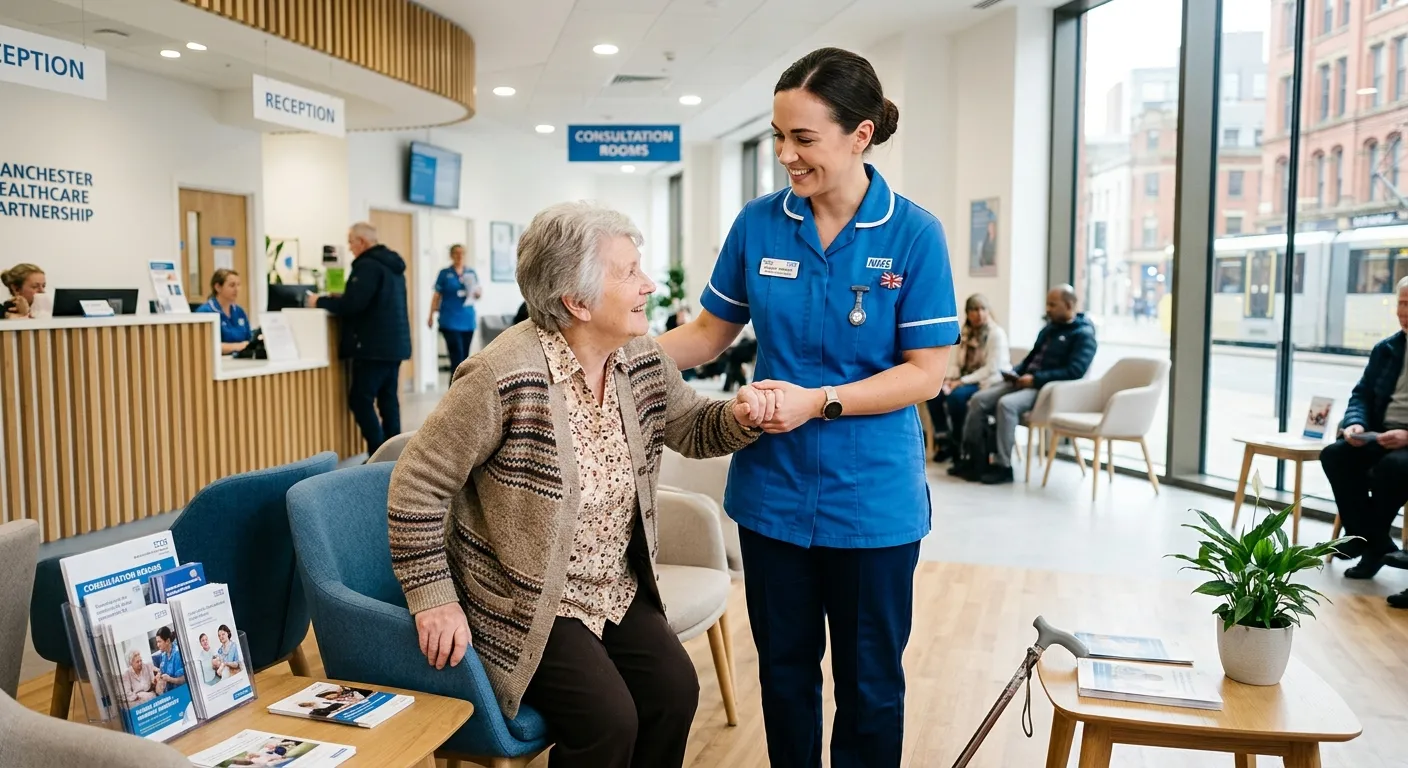 A professional, friendly Nursing Assistant in a clean healthcare uniform, smiling while assisting a patient in a bright, modern clinic setting in Manchester. Style: Warm, trustworthy, and professional. Mood: Caring and competent.
