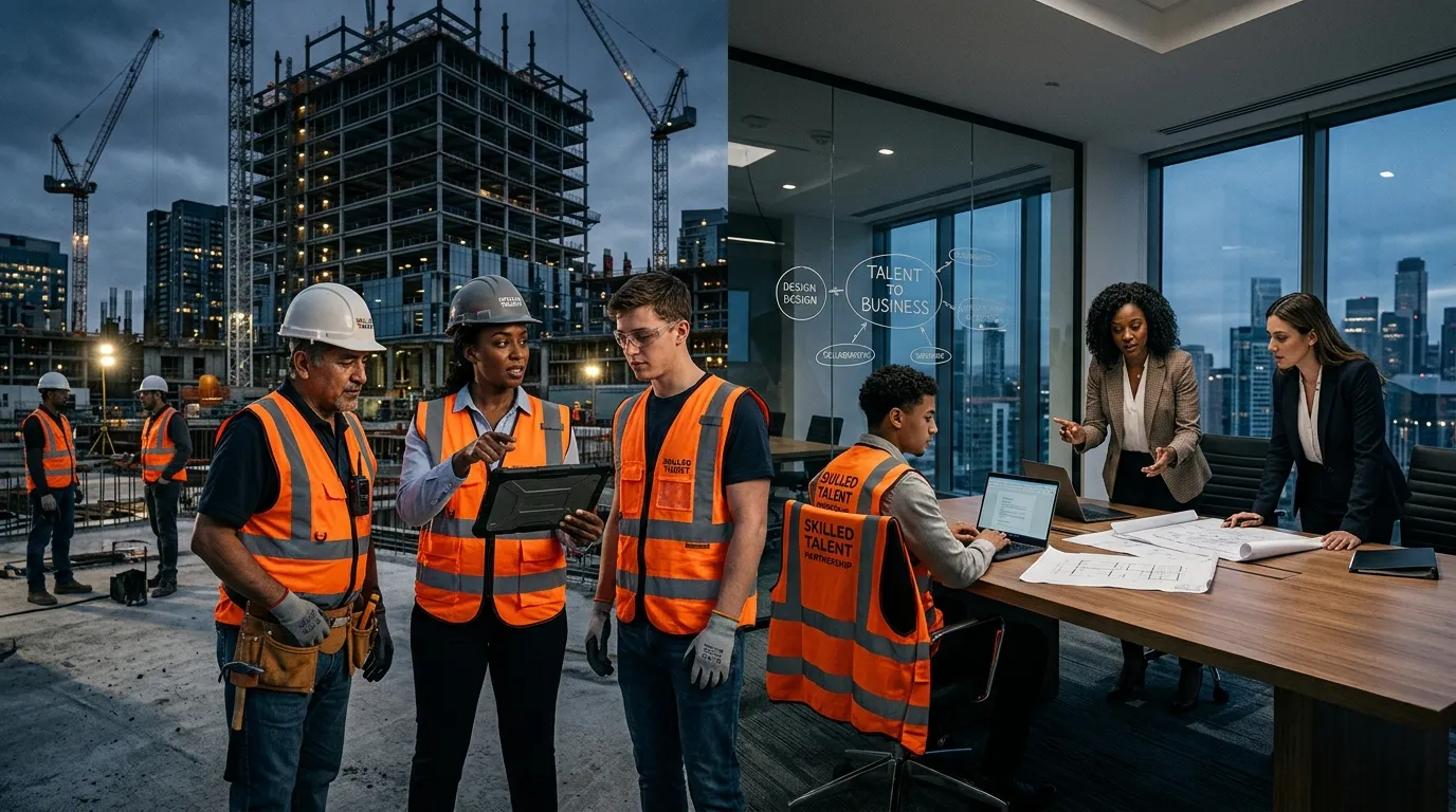 A dynamic, professional hero image showing a diverse team of skilled workers in high-visibility vest... A dynamic, professional hero image showing a diverse team of skilled workers in high-visibility vests and professional attire collaborating on a modern construction site and in a sleek office environment, symbolizing the bridge between talent and business. Moody, focused lighting.