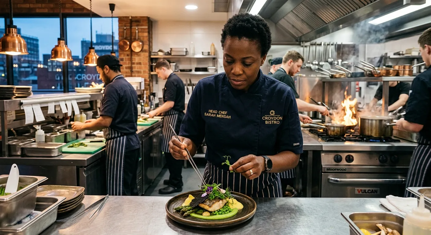 A professional, confident Head Chef in a modern, well-equipped kitchen in Croydon, plating a dish with precision. The atmosphere is one of leadership, quality, and high-pressure execution.