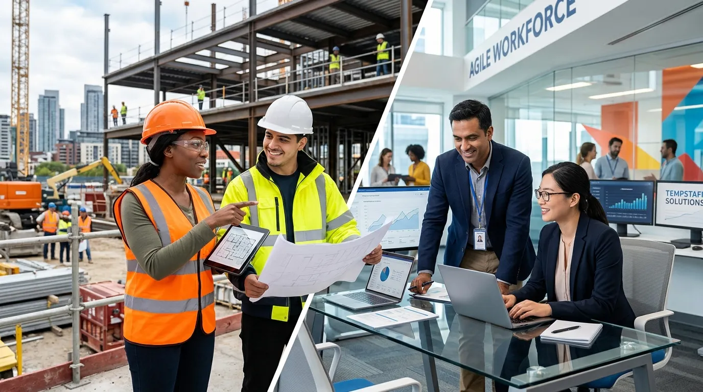 A dynamic, professional hero image showing a diverse group of temporary workers in high-visibility vests and office attire collaborating on a modern construction site and in a bustling office background, symbolizing flexible workforce solutions across industries. Style: Corporate, energetic, inclusive. Mood: Professional, agile, and solution-oriented.