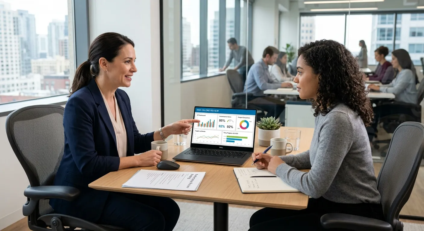 A manager and a temp worker having a structured one-on-one review meeting in a modern office, with a laptop and KPI dashboard visible on the screen.