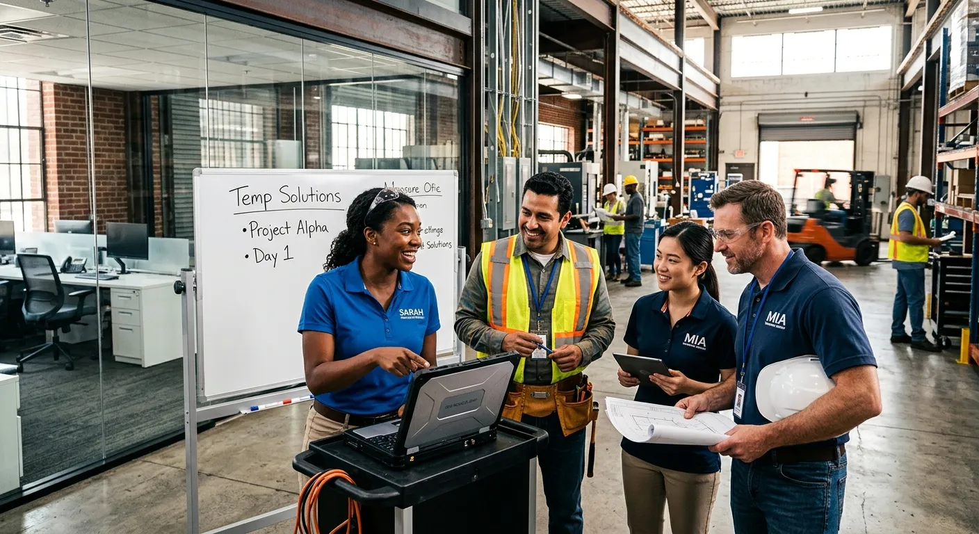 A diverse group of professional temporary workers in a modern office and industrial settings, lookin... A diverse group of professional temporary workers in a modern office and industrial settings, looking engaged and collaborative. The image should have a dynamic, energetic mood with high contrast and sharp focus.