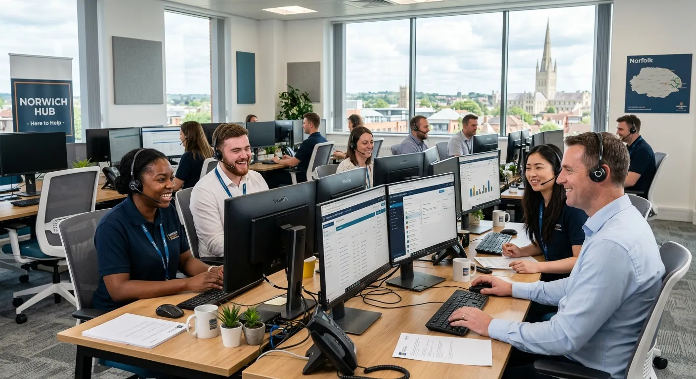 A diverse group of friendly customer service professionals in a modern, bright call centre or office environment in Norwich, smiling and wearing headsets, collaborating at desks with dual monitors. Style: Professional, aspirational, and welcoming. Mood: Energetic, competent, and team-oriented.