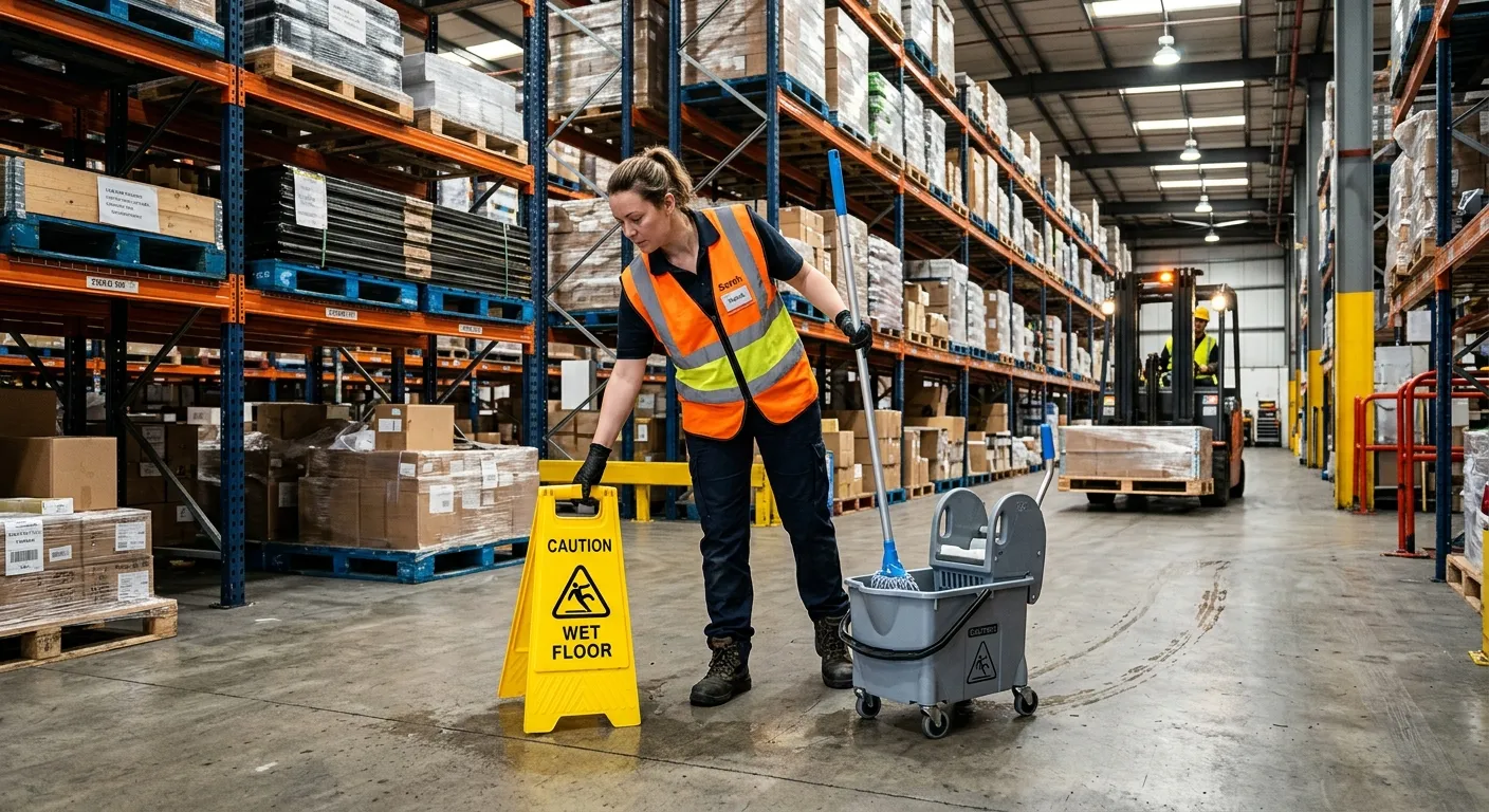 A warehouse cleaner in high-visibility vest using a 'Wet Floor' sign after mopping a spill in a busy... A warehouse cleaner in high-visibility vest using a 'Wet Floor' sign after mopping a spill in a busy warehouse aisle, with pallets and racking in the background.