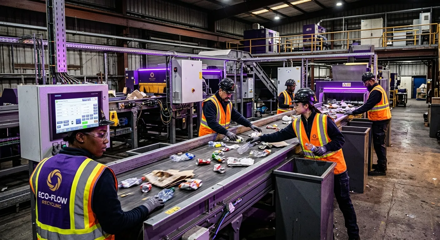 A dynamic, modern recycling plant interior. Focus on a diverse team of workers in high-visibility ge... A dynamic, modern recycling plant interior. Focus on a diverse team of workers in high-visibility gear operating a high-tech sorting conveyor belt. Moody, professional lighting with highlights of electric purple and gold to match brand colors. Convey action and efficiency.