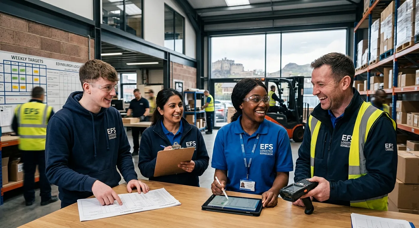 Professional, high-energy photo of a diverse team of workers in a modern Edinburgh office or warehouse setting, collaborating and smiling. The image should convey trust, efficiency, and a dynamic workforce.