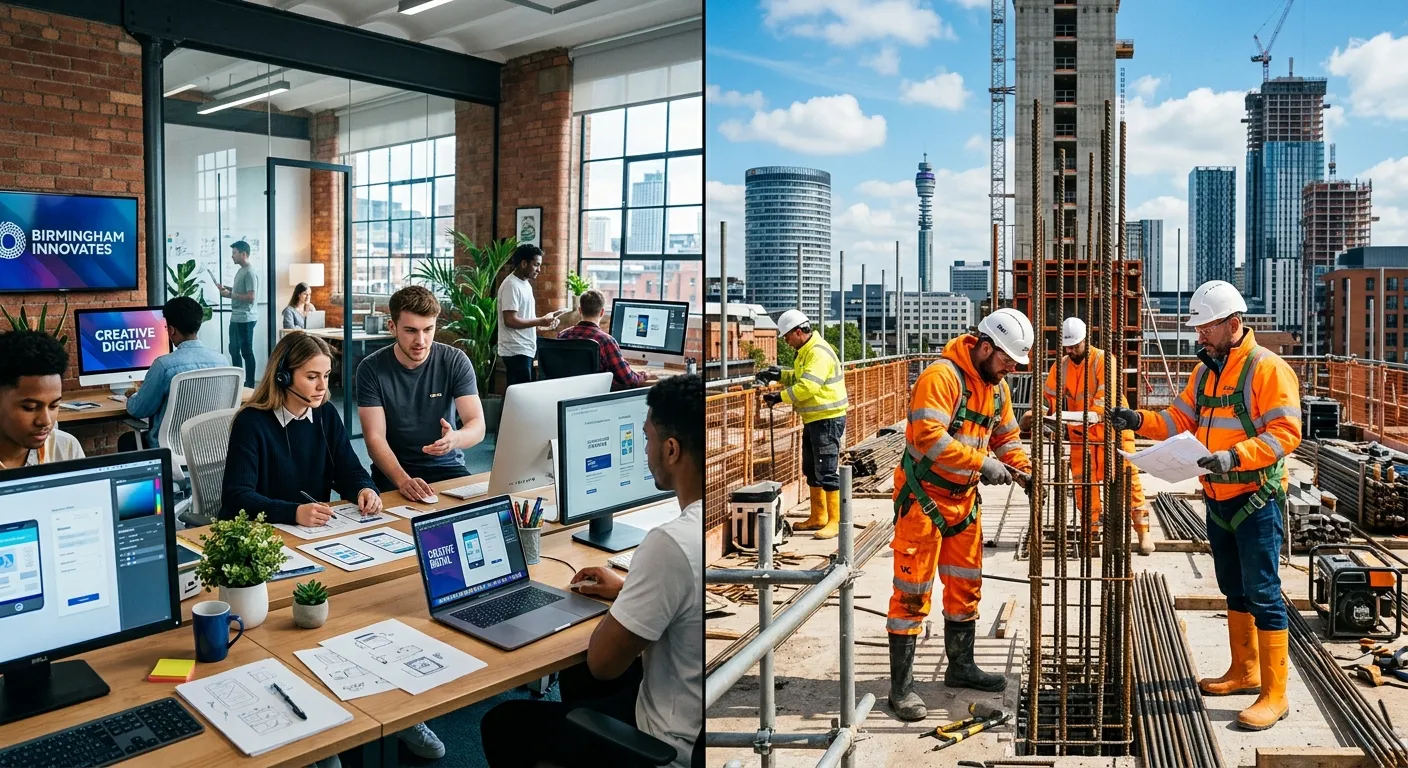 A dynamic, split-image showing the contrast and synergy of Birmingham's workforce. Left side: a modern, collaborative creative studio with designers at digital screens. Right side: a busy, organized construction site with workers in high-visibility gear. Style: Professional, high-contrast photography with a slight colour grade emphasising blues and oranges.