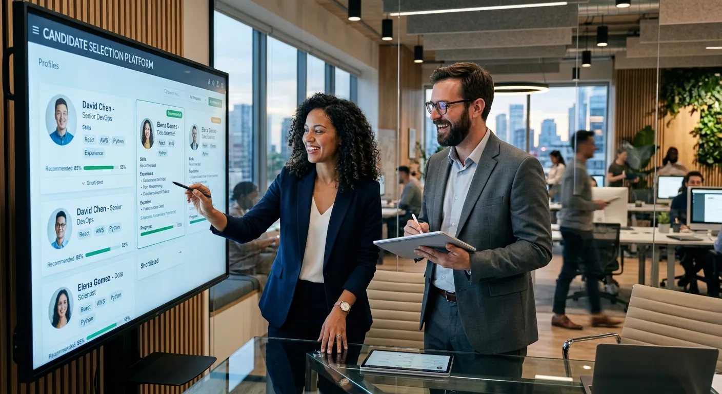 A modern, dynamic office scene where a hiring manager and a staffing agency consultant are reviewing candidate profiles on a large digital screen. Style: Professional, high-energy, with a focus on collaboration and technology. Mood: Confident, efficient, and forward-thinking.