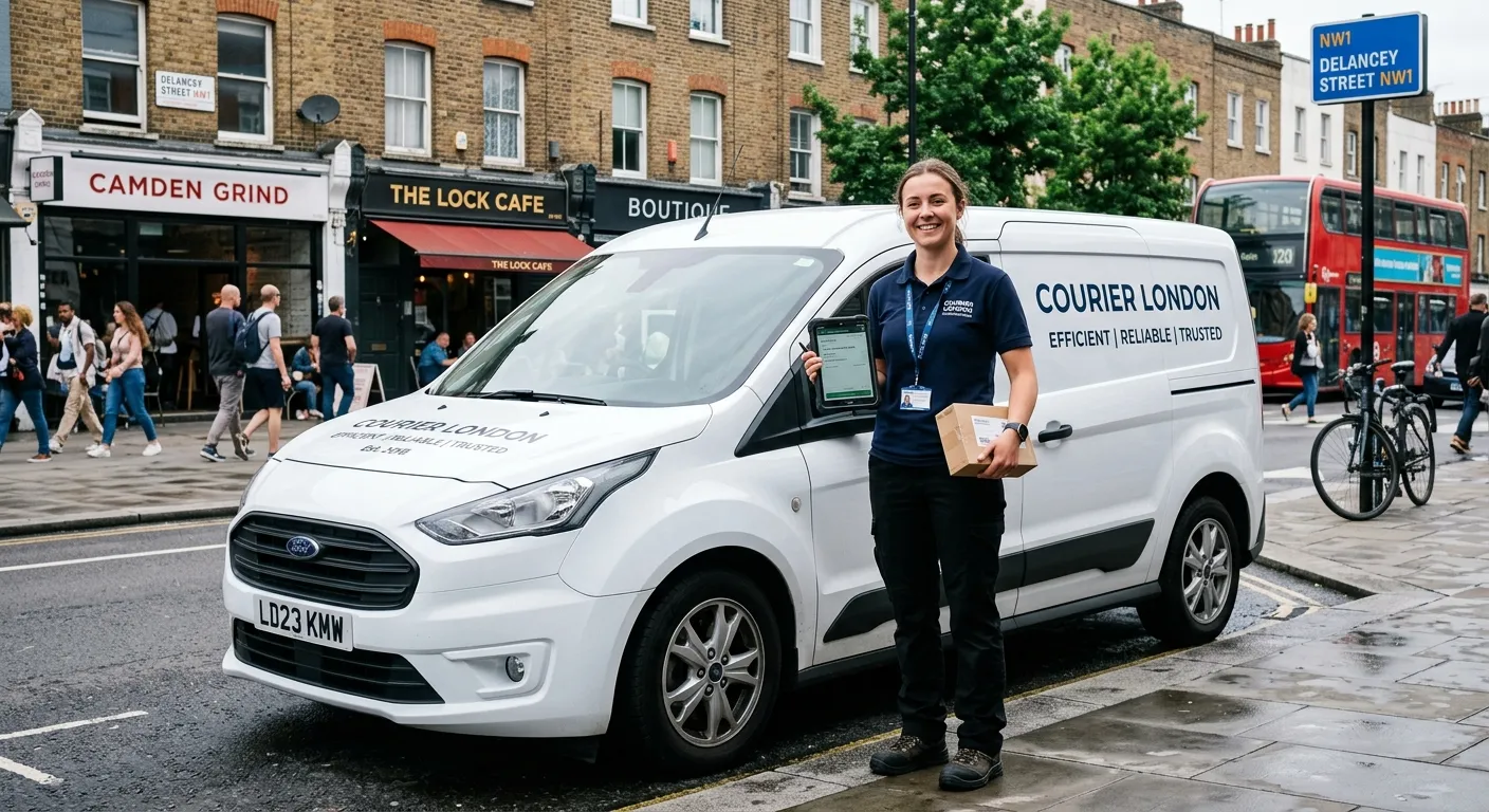 A modern, clean-looking Courier Driver wearing professional attire, standing next to a compact, well-maintained van in a typical Camden NW1 street scene. The image should feel dynamic, trustworthy, and convey efficiency. The person is smiling and holding a delivery tablet.