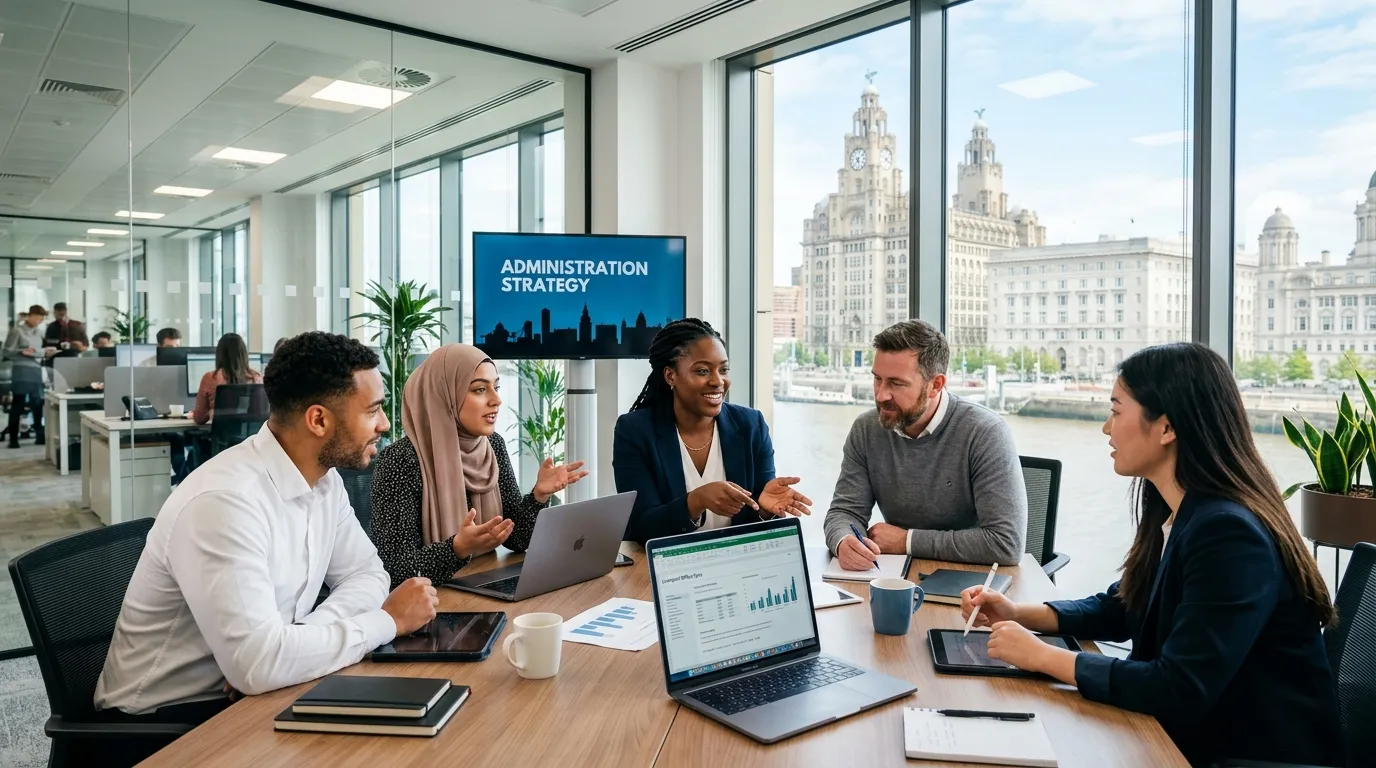A dynamic, professional hero image showing a diverse team of administrative professionals collaborat... A dynamic, professional hero image showing a diverse team of administrative professionals collaborating in a modern Liverpool office setting, with the iconic Liver Building visible through a window. Style: Professional, energetic, tech-forward.