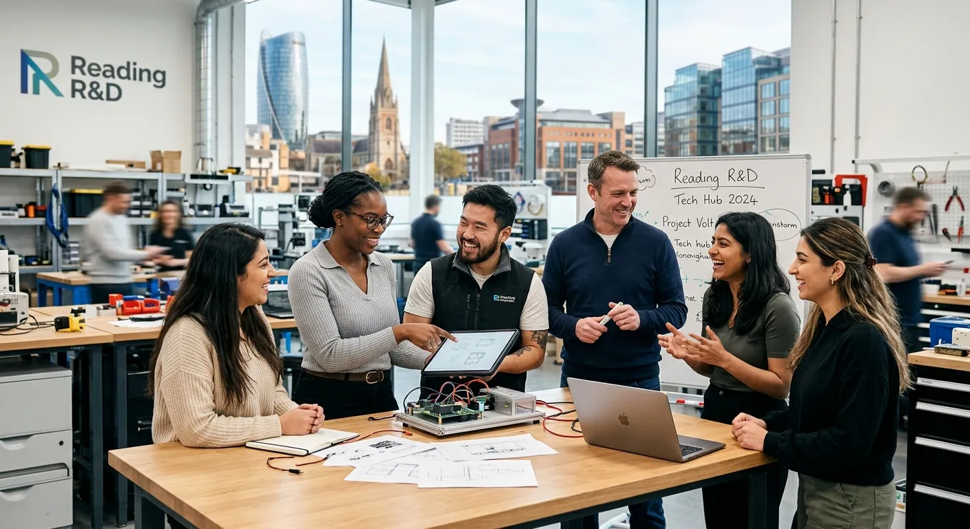 A dynamic, professional photo showing a diverse team of workers collaborating in a modern office/light industrial setting in Reading. They should be smiling and engaged, with a blurry background featuring Reading landmarks. Tech-forward, vibrant mood.
