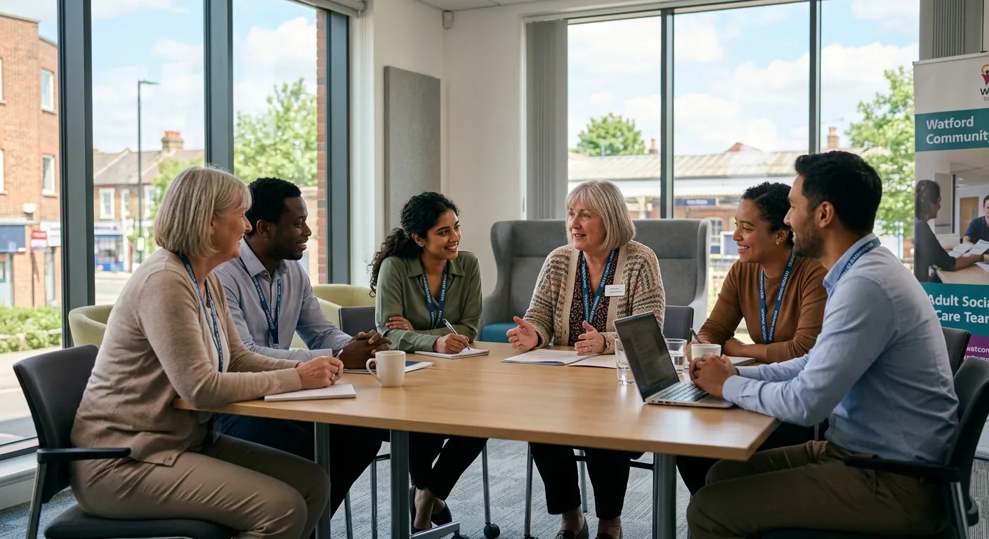 A diverse group of professional social workers in a supportive meeting environment in a modern Watford community centre, looking engaged and collaborative, daytime lighting.
