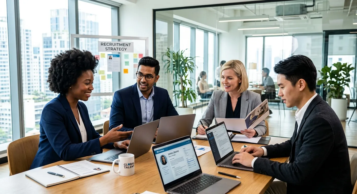 A diverse group of professional recruiters and hiring managers in a modern, bright office, collaborating over laptops and discussing candidate profiles. Style: Professional, vibrant, high-contrast. Mood: Confident, strategic, and successful.
