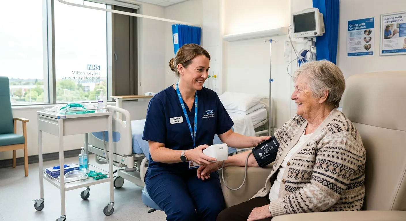 A compassionate Healthcare Support Worker in blue scrubs, smiling while taking a patient's blood pressure in a bright, modern hospital room in Milton Keynes.