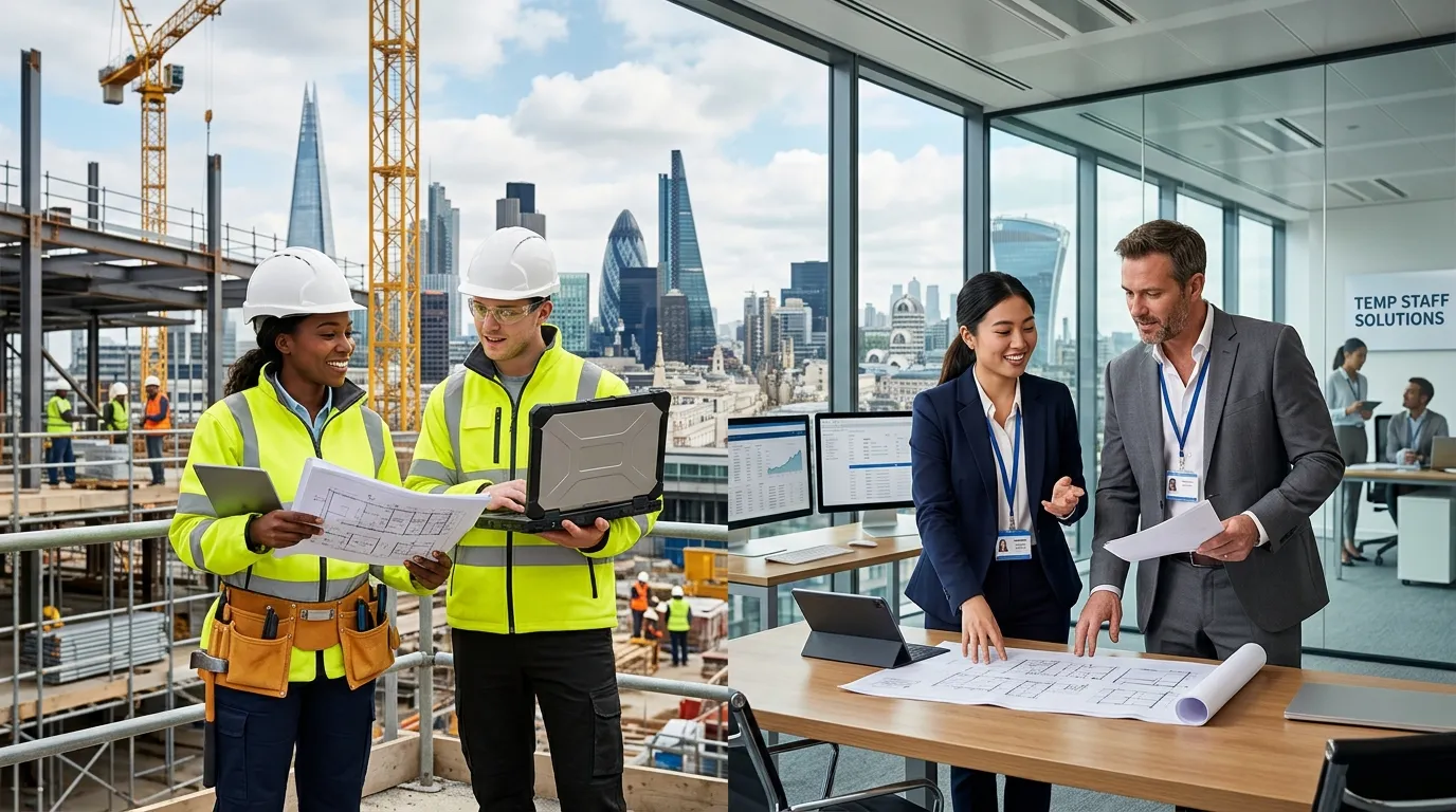 A dynamic, professional hero image showing a diverse group of temporary workers in high-vis jackets... A dynamic, professional hero image showing a diverse group of temporary workers in high-vis jackets and office attire collaborating on a modern London construction site and a sleek office background, symbolizing the breadth of temp staffing. The mood is energetic, professional, and solution-oriented.
