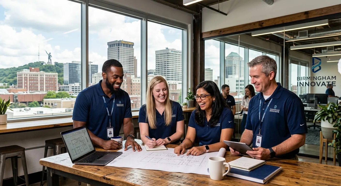 A dynamic, professional photo of a diverse team of workers in a modern Birmingham office or industrial setting, collaborating and smiling. The style should be bright, energetic, and forward-looking, with a slight focus on the cityscape of Birmingham, Alabama in the background.