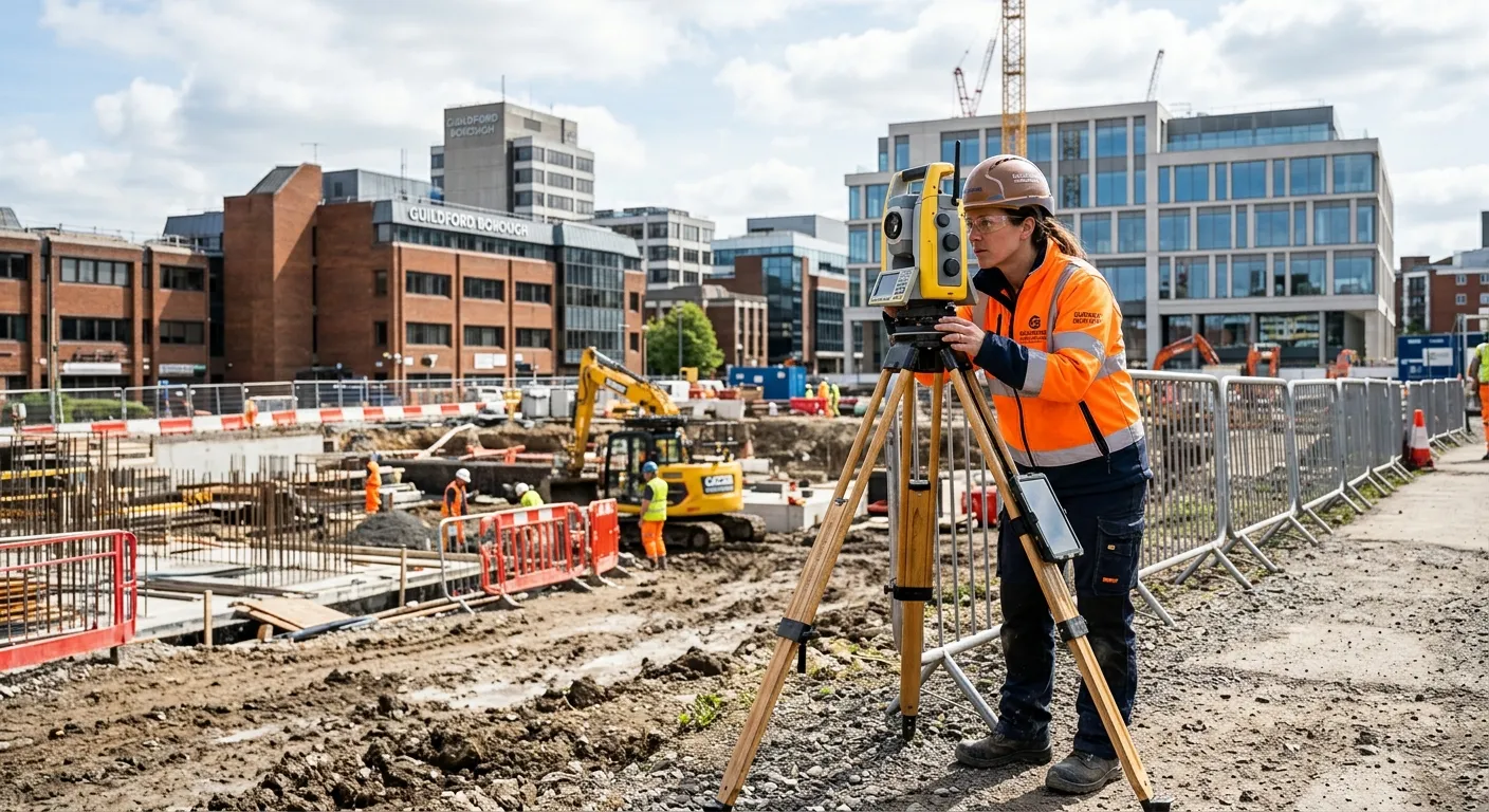 A professional Surveyor on a construction site in Guildford, using a total station on a tripod, with modern buildings in the background. Style: Realistic, professional, bright daylight.