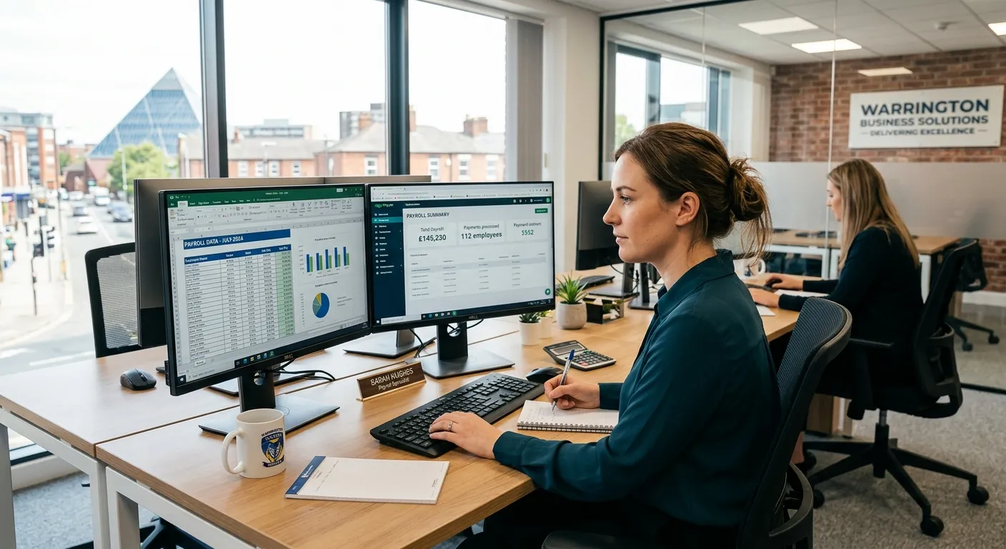 A professional and welcoming office environment in Warrington, with a focused individual working on dual monitors, processing payroll data on screen. Style: Bright, modern, and trustworthy. Mood: Efficient, reliable, and detail-oriented.