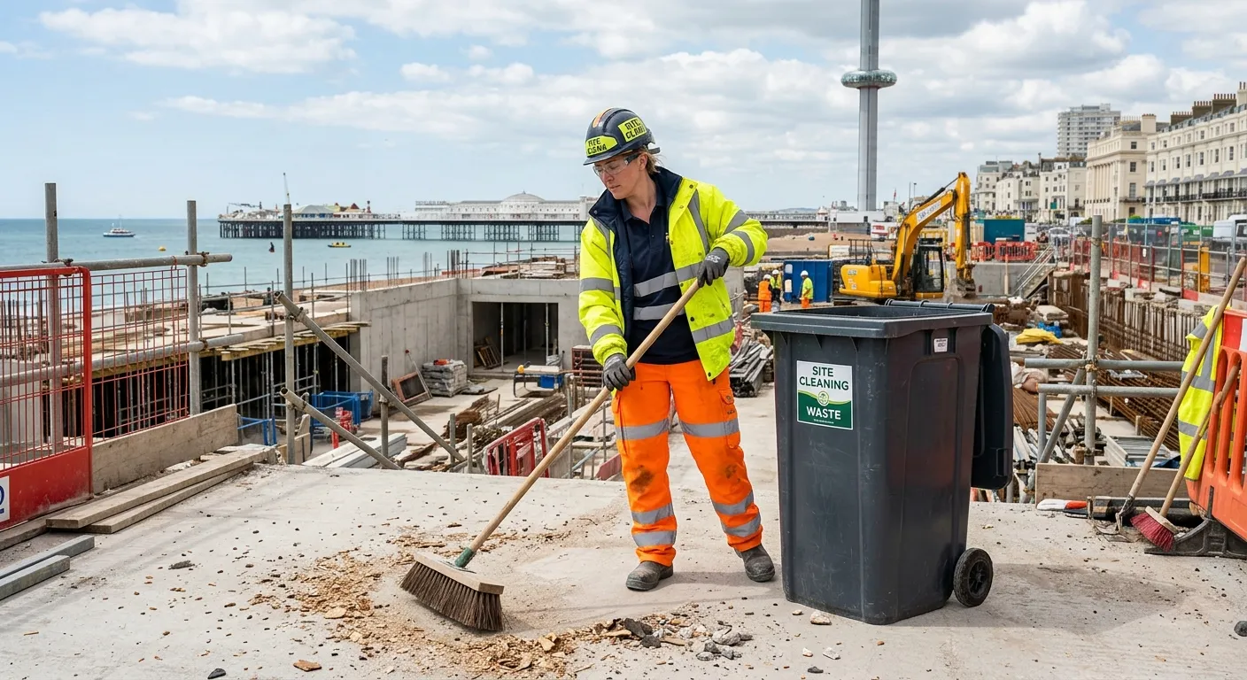 A professional, well-lit photo of a Construction Site Cleaner in high-visibility clothing, safely and efficiently clearing debris on a building site in Brighton. They are using a commercial-grade wheeled bin and a broom, with the iconic Brighton seafront visible in the background. The image conveys professionalism, safety, and active work.