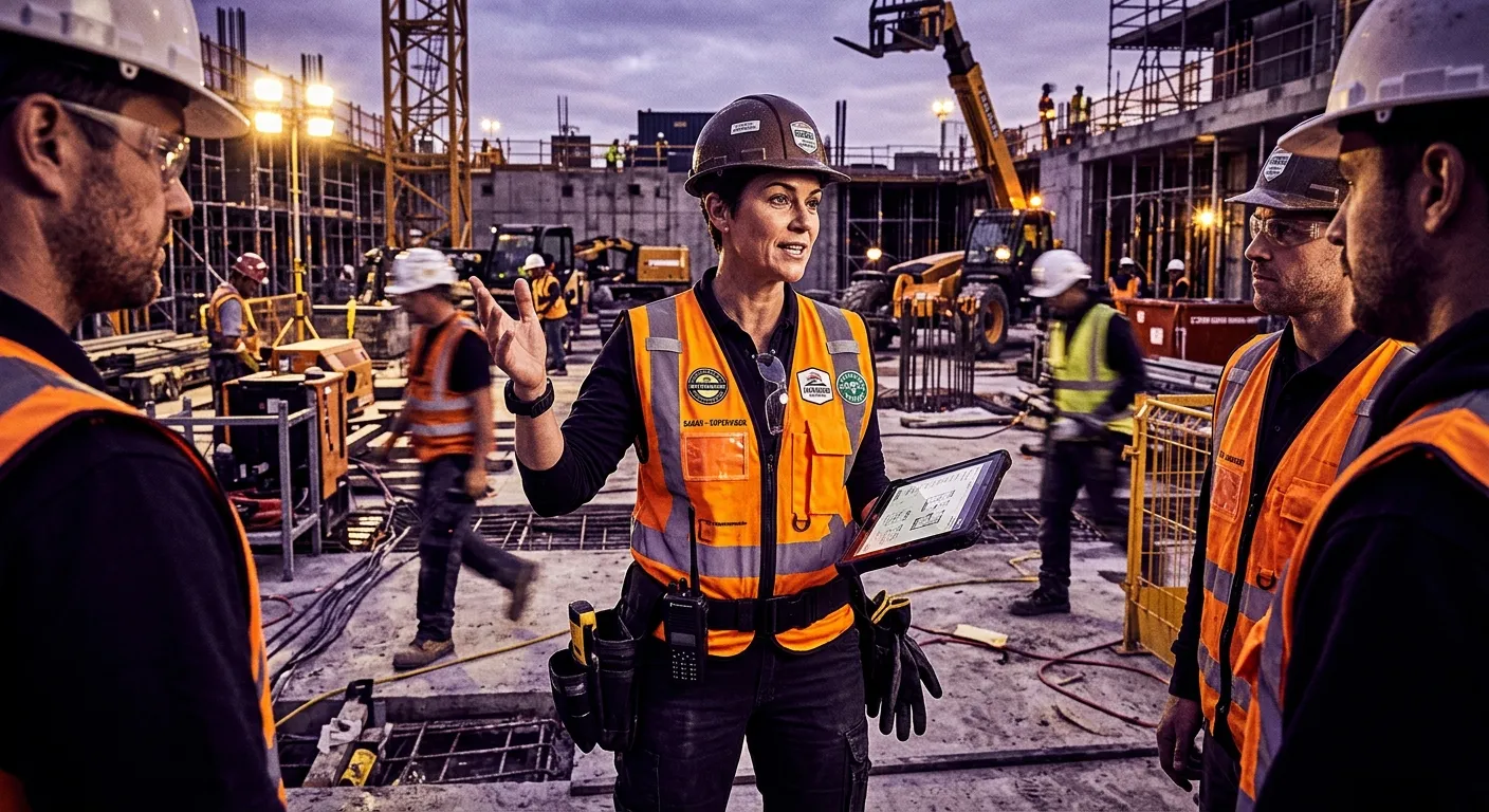 A dynamic, professional photo of a shift supervisor in a high-visibility vest on a busy construction... A dynamic, professional photo of a shift supervisor in a high-visibility vest on a busy construction site or warehouse floor, confidently directing a team. Tech-forward, high-contrast style with a slight purple/gold tint overlay to match brand colors.