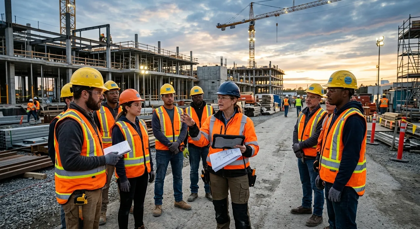 A professional, dynamic photo of a team of temporary workers in high-vis vests being briefed by a si... A professional, dynamic photo of a team of temporary workers in high-vis vests being briefed by a site manager on a modern construction site early in the morning. The mood is energetic, professional, and solution-oriented.