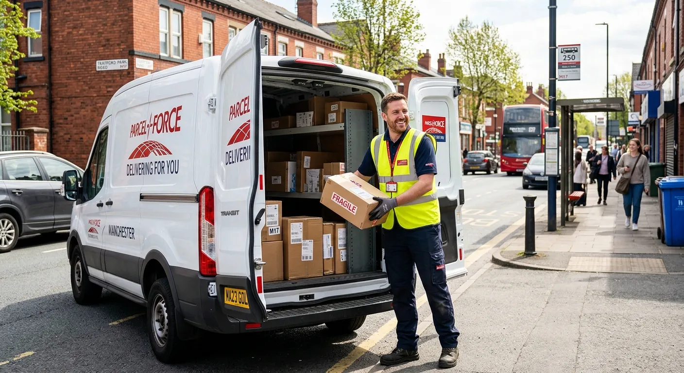 A professional, friendly Courier Driver in a high-vis vest loading packages into a modern delivery v... A professional, friendly Courier Driver in a high-vis vest loading packages into a modern delivery van in a typical Manchester M17 street setting, bright and engaging
