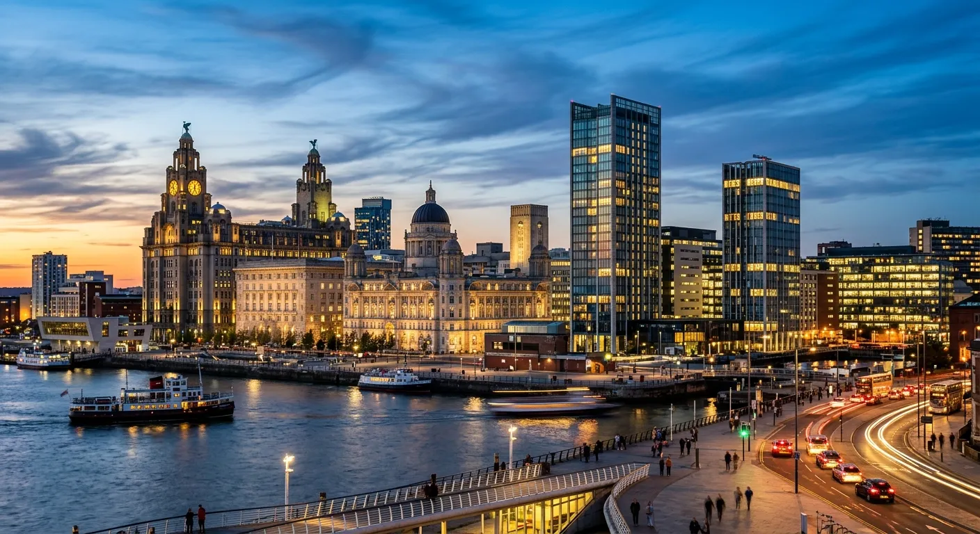 A dynamic, professional photo of Liverpool's city centre skyline, blending modern office buildings with the iconic Liver Building, representing opportunity and business growth. Style: Vibrant, energetic, high-contrast.