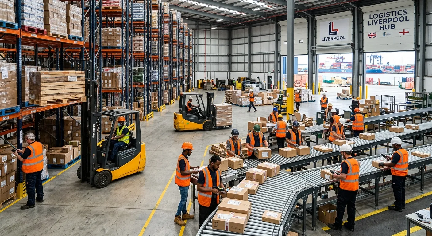 A modern, busy logistics warehouse in Liverpool with workers in high-visibility vests operating fork... A modern, busy logistics warehouse in Liverpool with workers in high-visibility vests operating forklifts and sorting packages on a conveyor system.