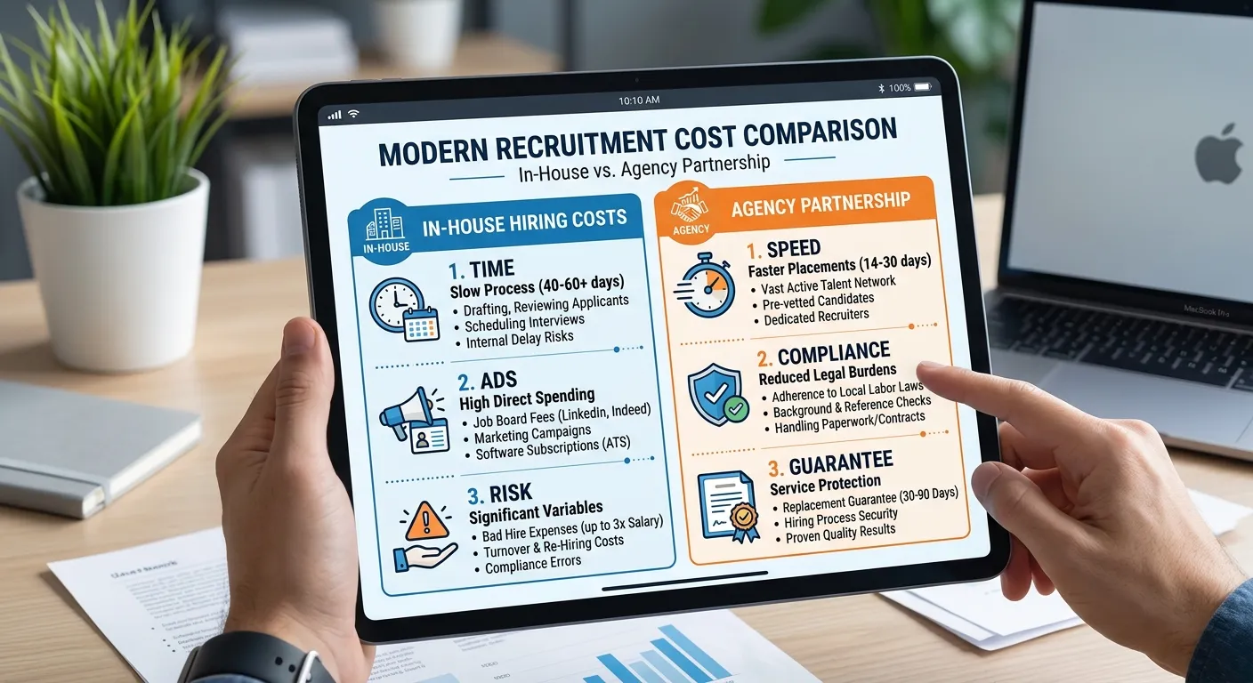 A modern, professional infographic on a tablet screen, comparing two columns: