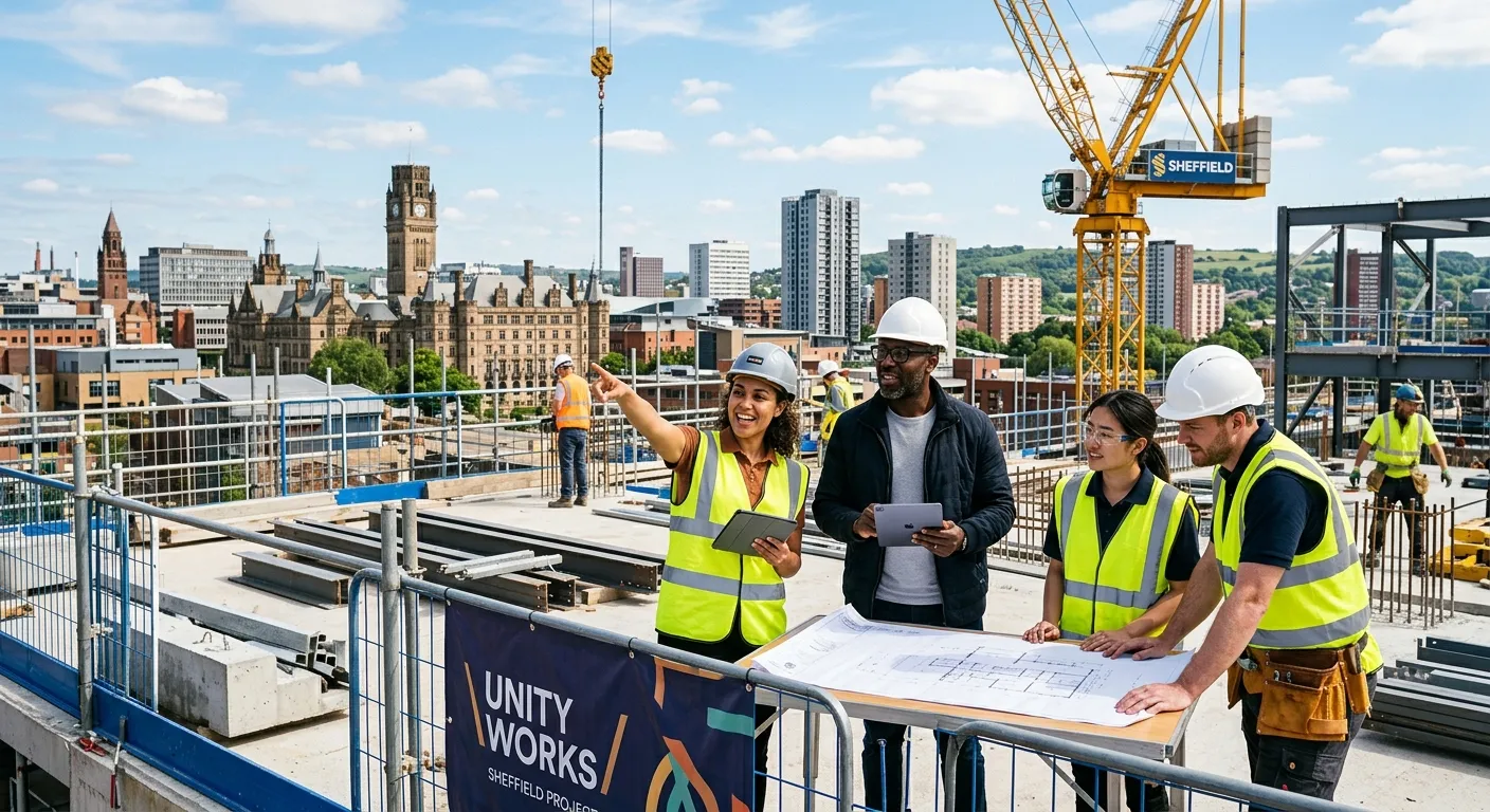 Modern, dynamic photo of Sheffield city skyline blended with diverse professionals collaborating in... Modern, dynamic photo of Sheffield city skyline blended with diverse professionals collaborating in a bright office or on a construction site, representing the fusion of local industry and skilled talent. Style: professional, vibrant, optimistic.