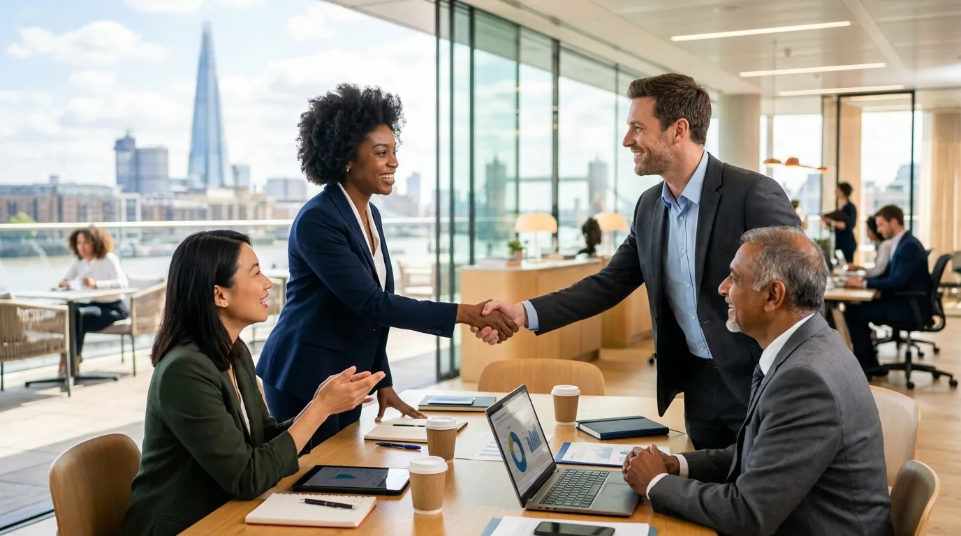 A dynamic, professional hero image showing a diverse group of London professionals in a modern office setting, shaking hands and collaborating. Style: Bright, optimistic, with iconic London landmarks subtly blurred in the background. Mood: Energetic, trustworthy, and successful.