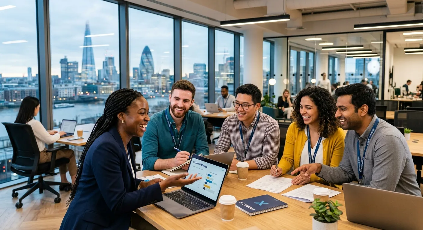 A professional, high-energy photograph of diverse temporary workers in a modern London office settin... A professional, high-energy photograph of diverse temporary workers in a modern London office setting, collaborating and smiling. Style: Bright, sharp, and aspirational, conveying efficiency and teamwork.