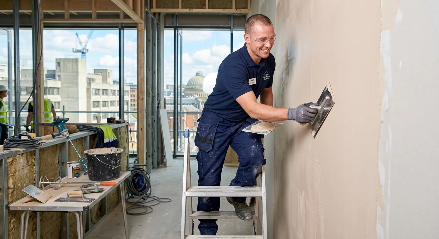 A professional, smiling plasterer in clean workwear, expertly applying a smooth finish to a wall on... A professional, smiling plasterer in clean workwear, expertly applying a smooth finish to a wall on a modern construction site in Leeds. The image should convey skill, cleanliness, and professionalism.