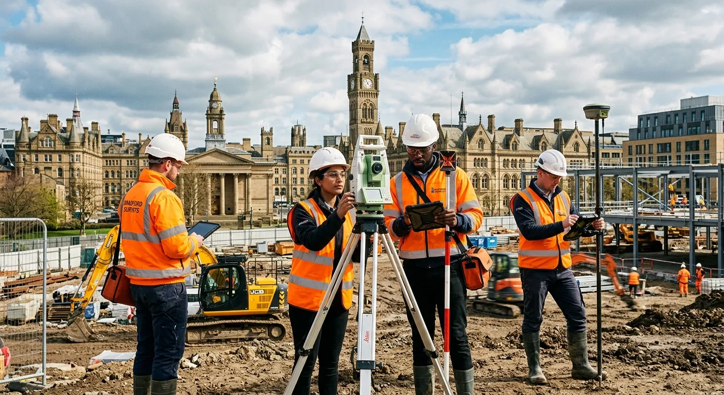 A professional, diverse team of surveyors on a Bradford construction site, using modern surveying equipment like total stations and GPS rovers, with the Bradford skyline in the background. Style: authentic, professional, aspirational.